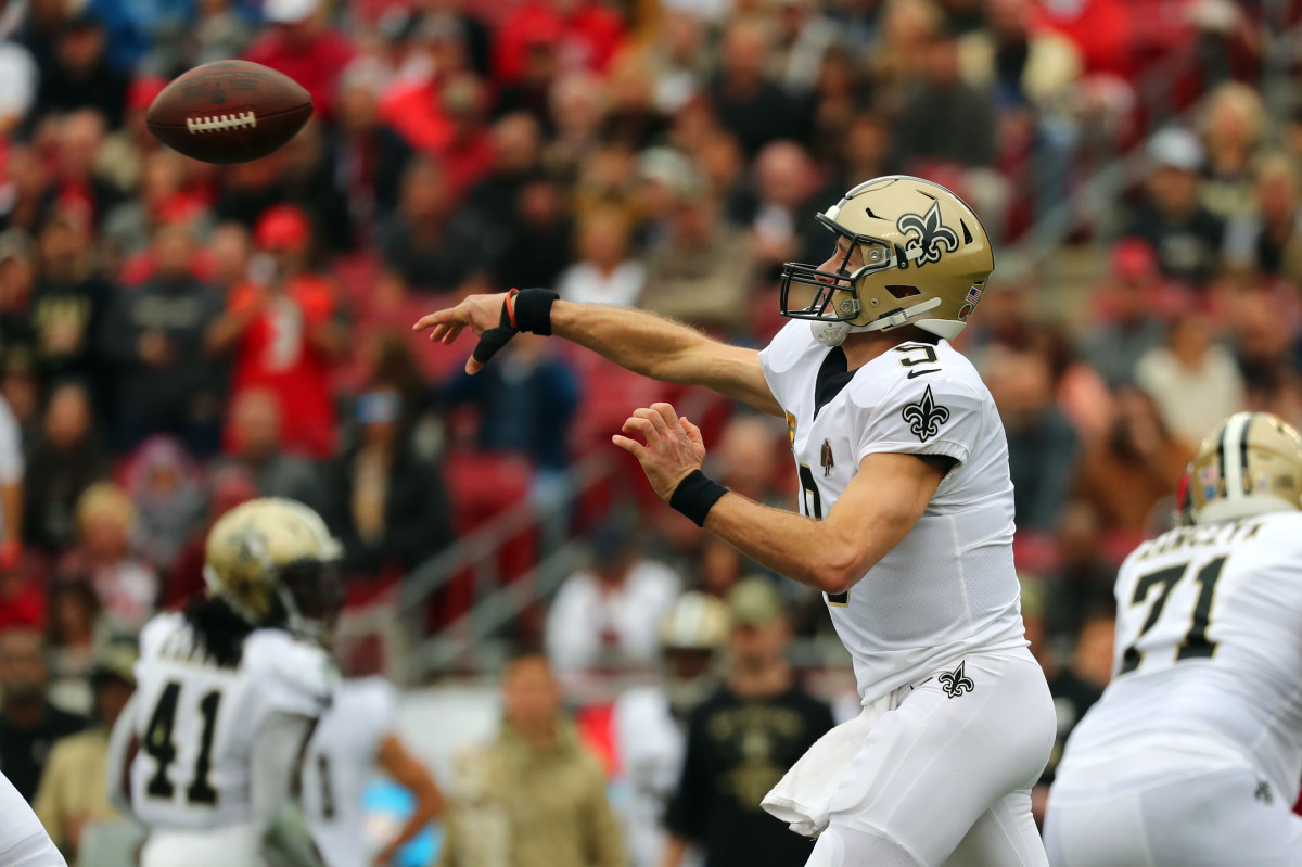 Nov 17, 2019; Tampa, FL, USA; New Orleans Saints quarterback Drew Brees (9) throws the ball against the Tampa Bay Buccaneers during the first quarter at Raymond James Stadium. Mandatory Credit: Kim Klement-USA TODAY Sports