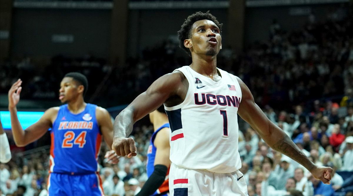 Nov 17, 2019; Storrs, CT, USA; Connecticut Huskies guard Christian Vital (1) reacts after a play against the Florida Gators in the second half at Harry A. Gampel Pavilion. Mandatory Credit: David Butler II-USA TODAY Sports