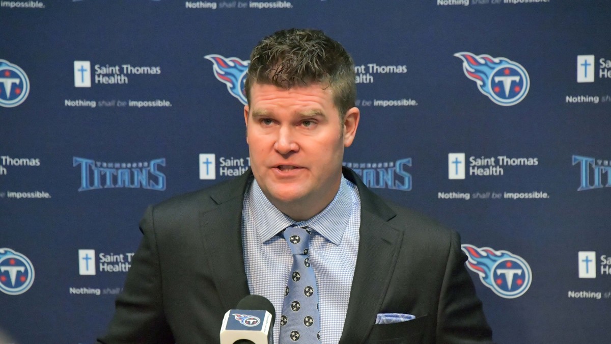 Tennessee Titans general manager Jon Robinson speaks to the media and introduces new Titans head coach Mike Vrabel (not pictured) during the press conference at Saint Thomas Sports Park.