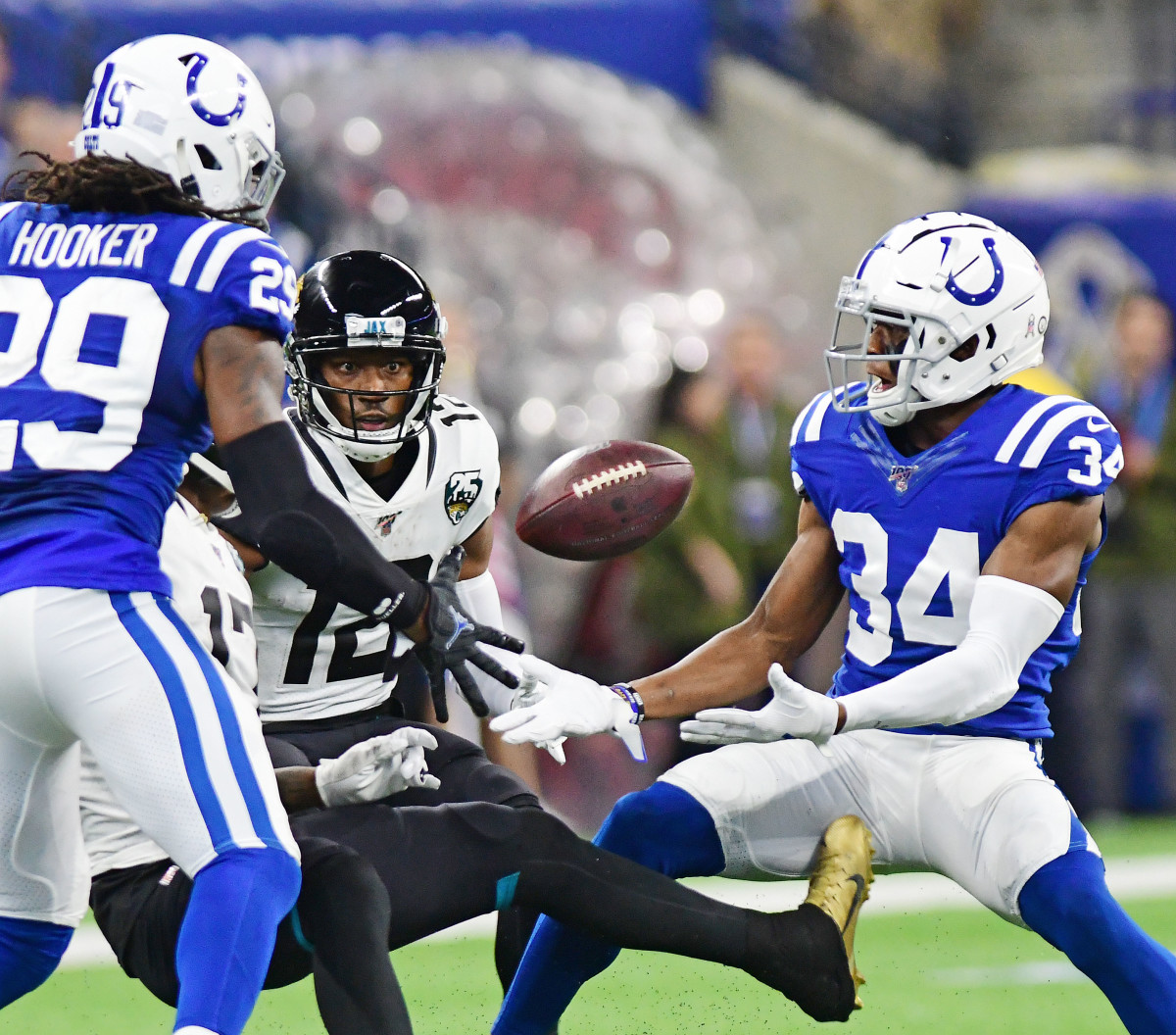 Indianapolis Colts cornerback Rock Ya-Sin (34) comes up with a tipped pass for his first NFL interception in Sunday's 33-13 home rout of the Jacksonville Jaguars at Lucas Oil Stadium.