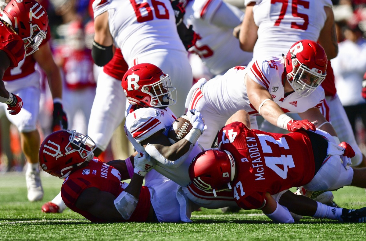 Indiana linebacker Micah McFadden (47), the Hoosiers' leading tackler this season, brings down a Rutgers running back during IU's 35-0 win in October.
