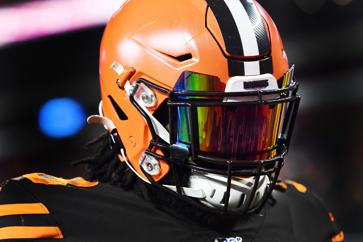 Nov 14, 2019; Cleveland, OH, USA; A detail of the helmet visor of Cleveland Browns defensive tackle Sheldon Richardson (98) before the game between the Cleveland Browns and the Pittsburgh Steelers at FirstEnergy Stadium. Mandatory Credit: Ken Blaze-USA TODAY Sports