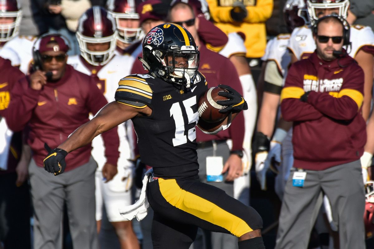 Iowa Hawkeyes running back Tyler Goodson (15) in action against the Minnesota Golden Gophers at Kinnick Stadium.