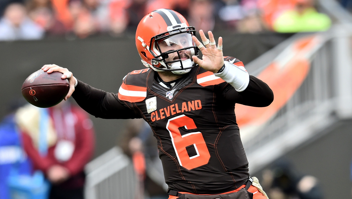 Nov 10, 2019; Cleveland, OH, USA; Cleveland Browns quarterback Baker Mayfield (6) throws a pass during the first half against the Buffalo Bills at FirstEnergy Stadium. Mandatory Credit: Ken Blaze-USA TODAY Sports