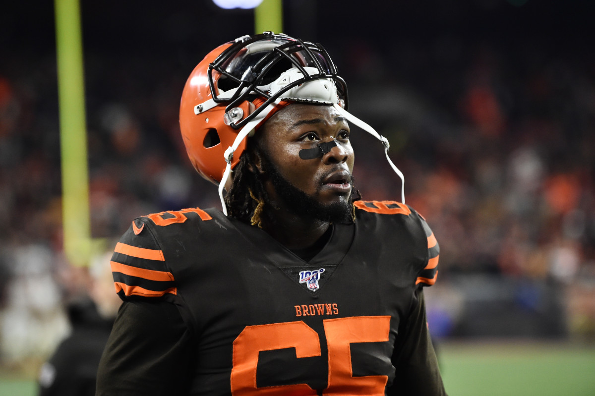 Nov 14, 2019; Cleveland, OH, USA; Cleveland Browns defensive tackle Larry Ogunjobi (65) leaves the field during the second half against the Pittsburgh Steelers at FirstEnergy Stadium. Mandatory Credit: Ken Blaze-USA TODAY Sports