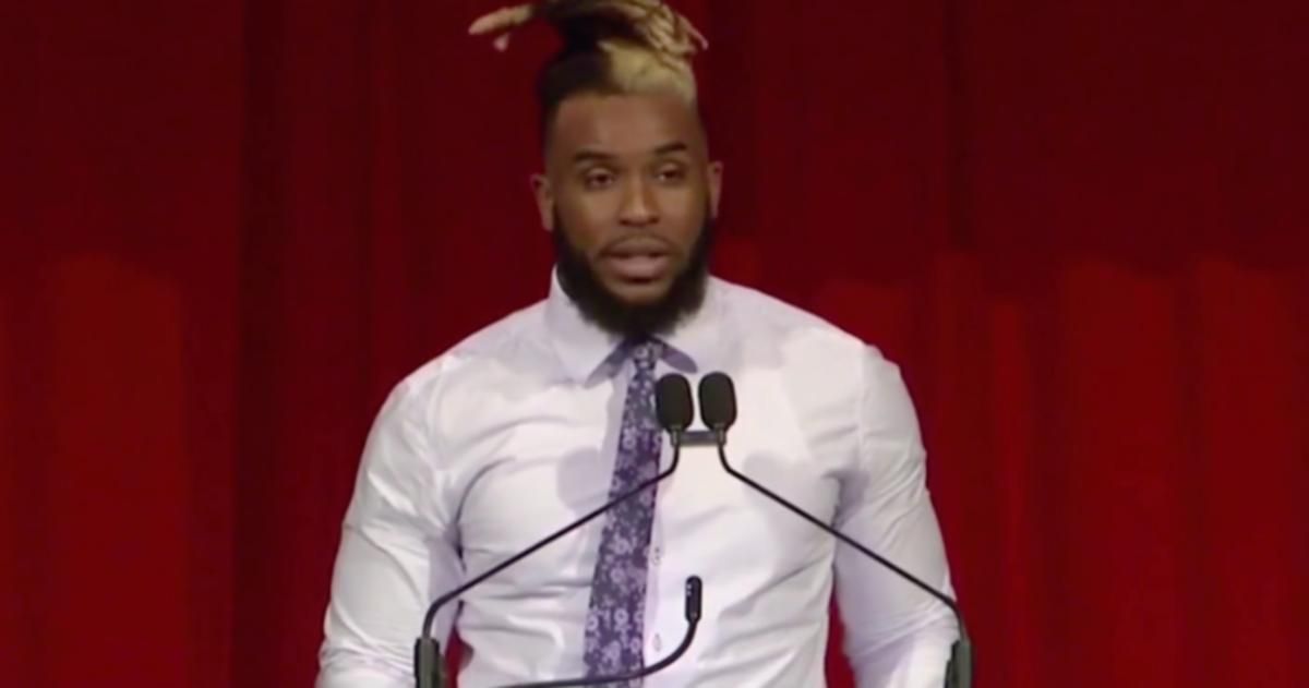 Indiana linebacker Reakwon Jones delivers a speech at the ceremony that unveiled the statue of IU legend George Taliaferro. (Photos courtesy of IU Athletics)