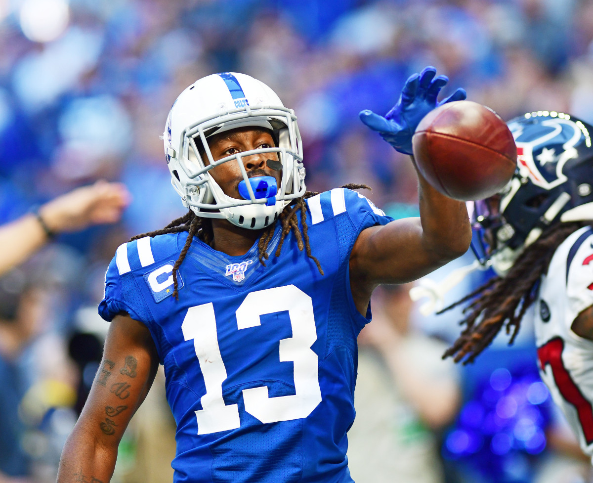 Indianapolis Colts wide receiver T.Y. Hilton, shown after gaining a first down in a home game last month, has missed the past three games with a calf strain but hopes to be able to play Thursday night t Houston.