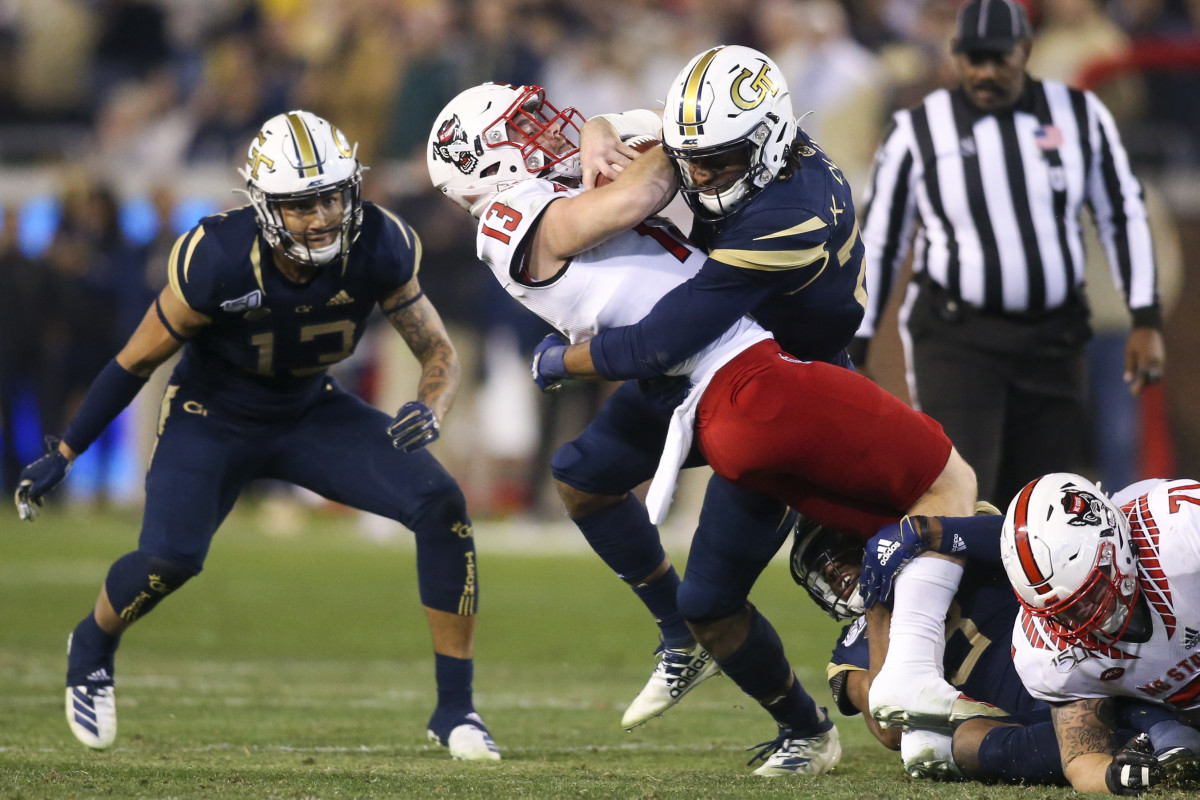 QB Devin Leary is sacked by Georgia Tech's Kaleb Oliver
