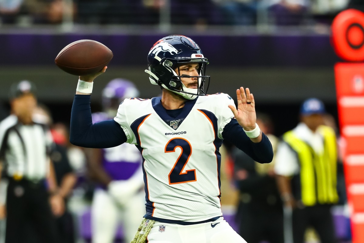Denver Broncos quarterback Brandon Allen (2) throws a pass in the first quarter against the Minnesota Vikings at U.S. Bank Stadium.
