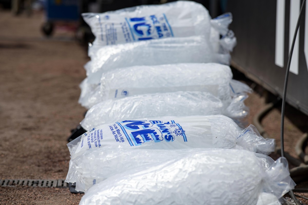Bags of ice sit on the sideline prior to the game between the Tennessee Titans and Jacksonville Jaguars at TIAA Bank Field.