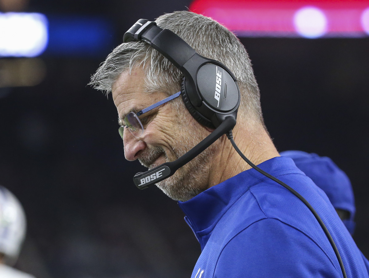 Indianapolis Colts head coach Frank Reich grimaces during Thursday night's 20-17 road loss to the Houston Texans at NRG Stadium.