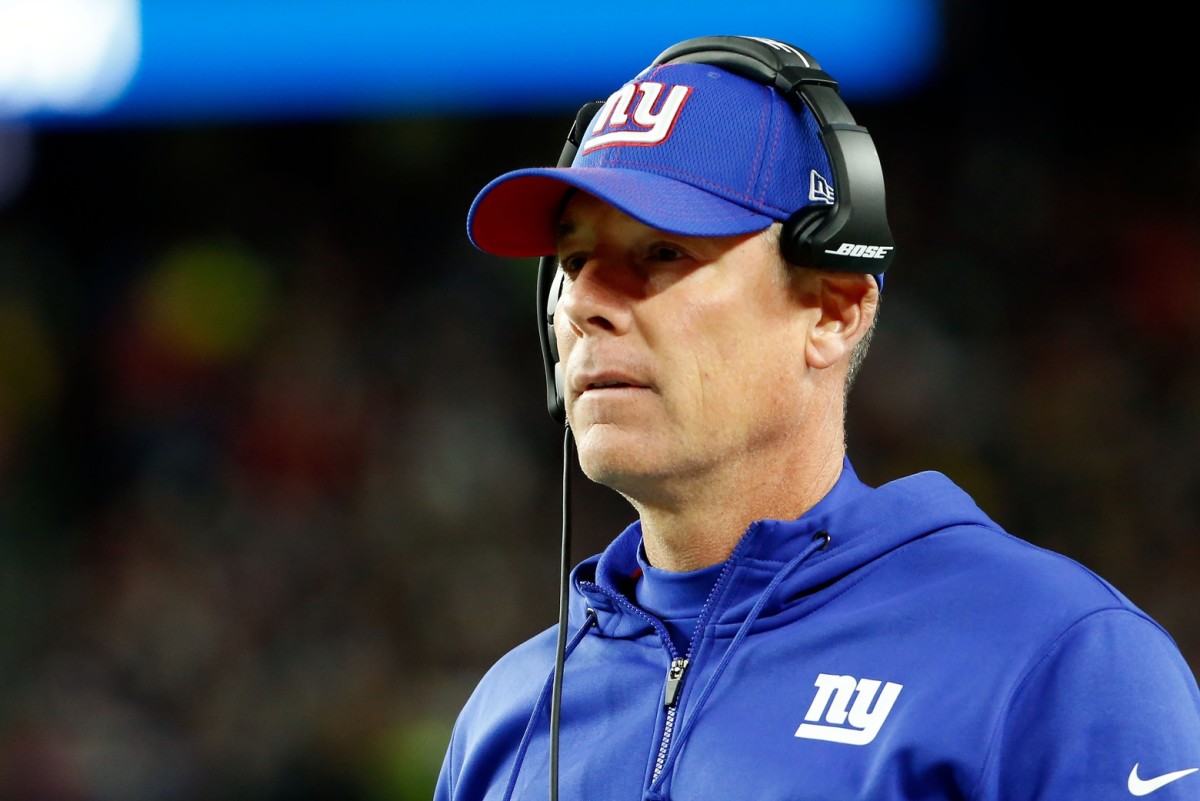 Oct 10, 2019; Foxborough, MA, USA; New York Giants head coach Pat Shurmur watches a play against the New England Patriots during the first half at Gillette Stadium.