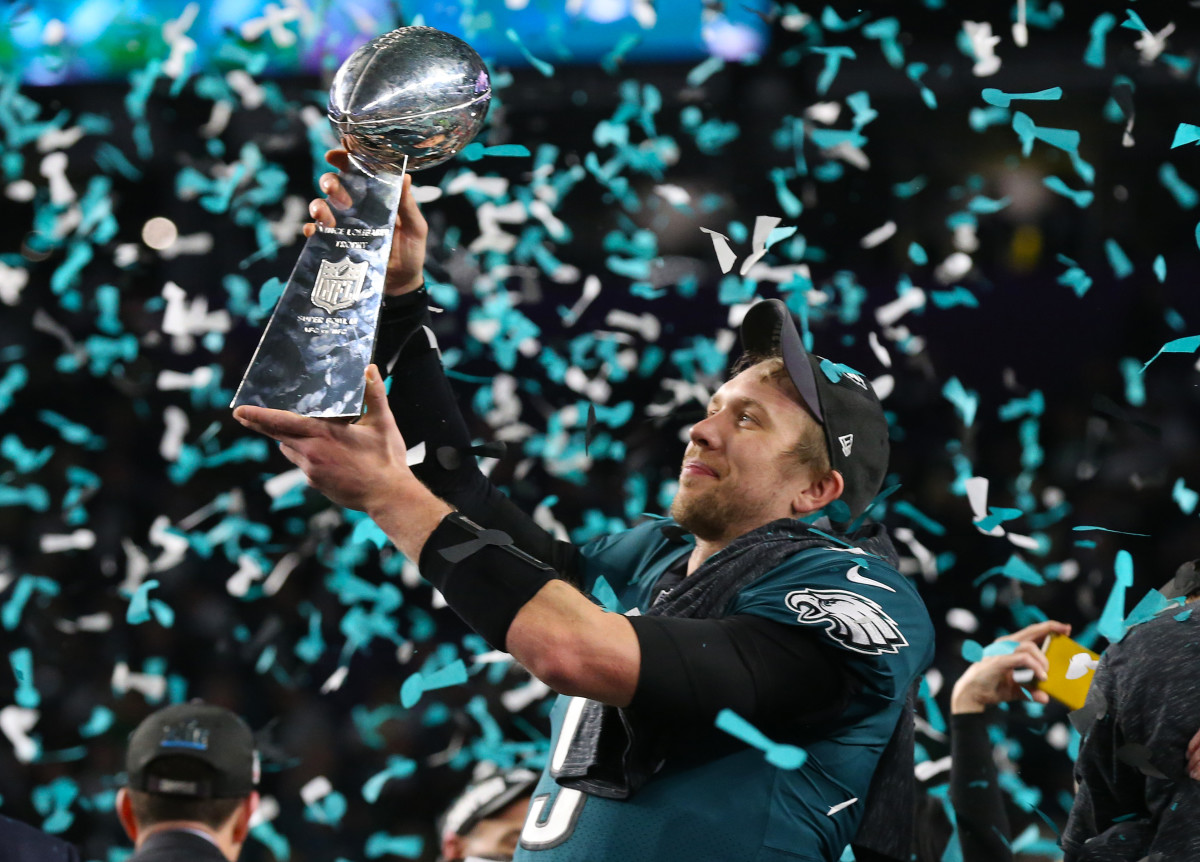 Former Eagles quarterback Nick Foles celebrates winning Super Bowl LII MVP two years ago