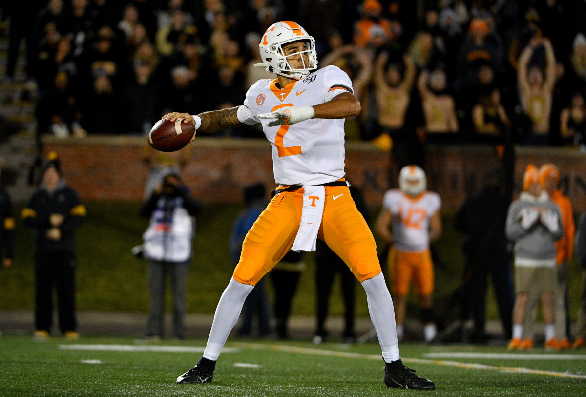 Nov 23, 2019; Columbia, MO, USA; Tennessee Volunteers quarterback Jarrett Guarantano (2) throws a pass during the first half against the Missouri Tigers at Memorial Stadium/Faurot Field. Mandatory Credit: Denny Medley-USA TODAY Sports