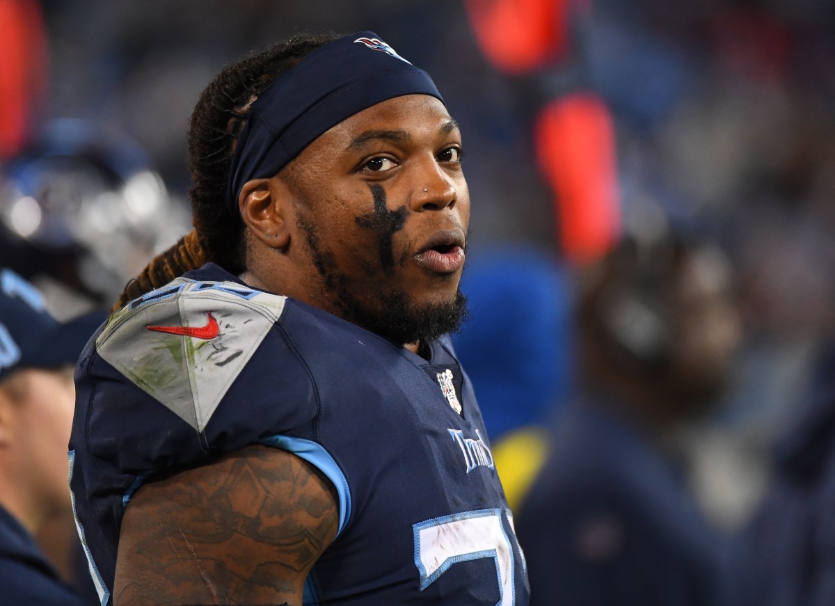 Tennessee Titans running back Derrick Henry (22) on the sidelines during the second half against the Jacksonville Jaguars at Nissan Stadium.