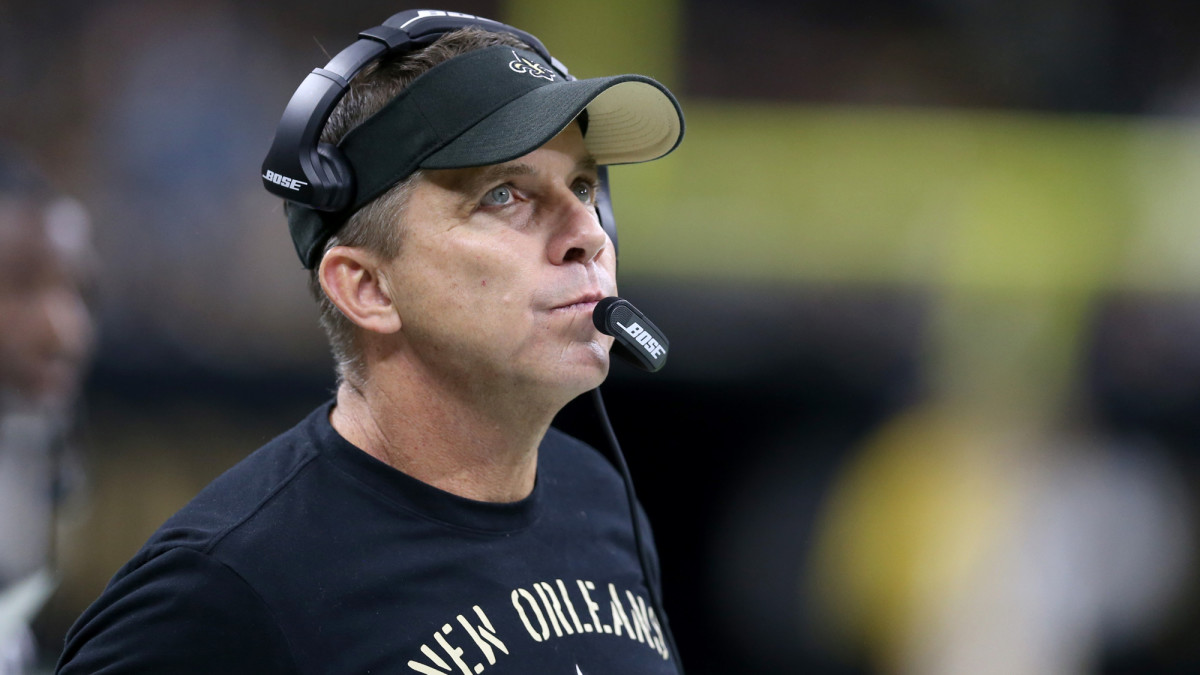 Sean Payton on the sidelines in the second half against the Carolina Panthers at the Mercedes-Benz Superdome. The Saints won, 34-31.