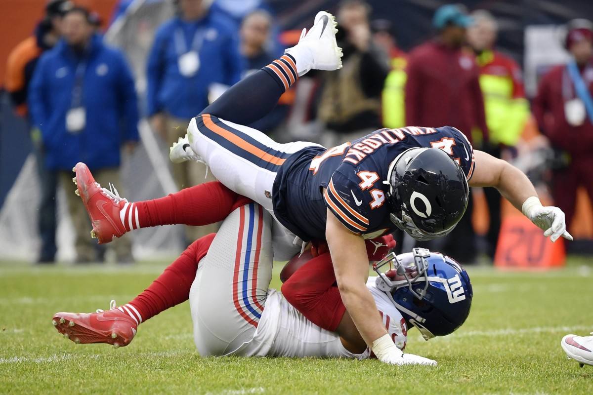 Nov 24, 2019; Chicago, IL, USA; Chicago Bears inside linebacker Nick Kwiatkoski (44) tackles New York Giants wide receiver Sterling Shepard (87) in the second half at Soldier Field.