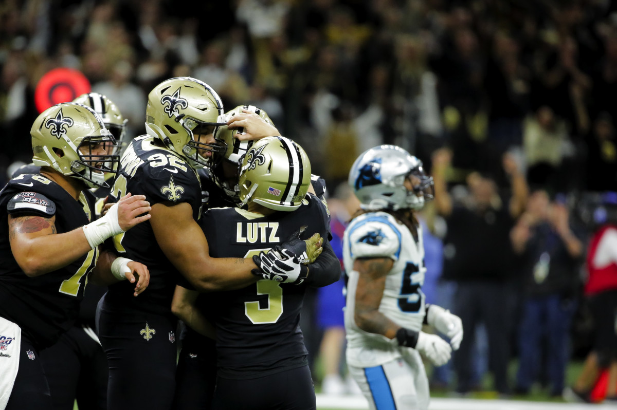 Nov 24, 2019; New Orleans, LA, USA; New Orleans Saints kicker Wil Lutz (3) celebrates with teammates after hitting a game winning field goal against the Carolina Panthers at the Mercedes-Benz Superdome. Mandatory Credit: Derick E. Hingle-USA TODAY