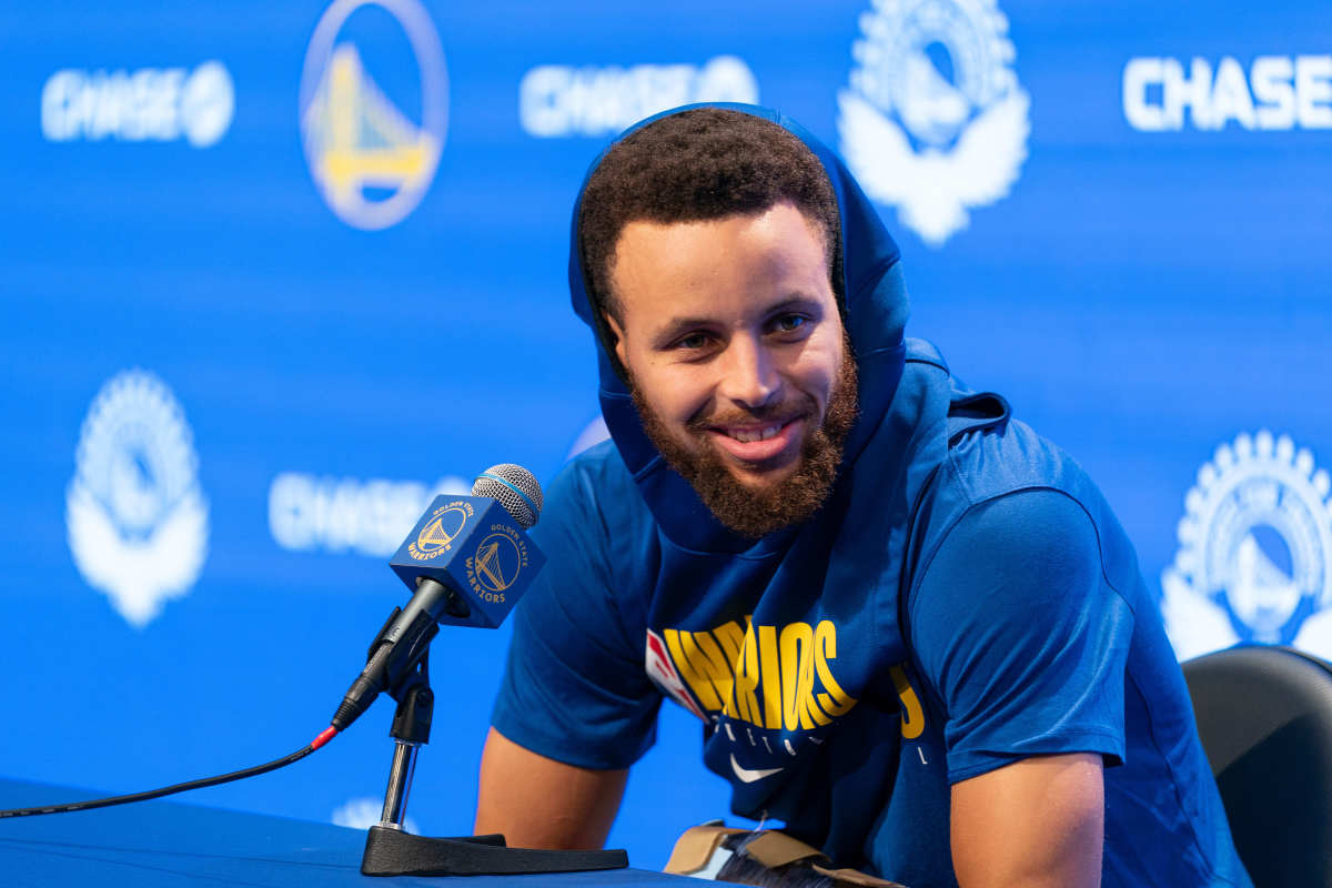 Nov 11, 2019; San Francisco, CA, USA; before the start of the game between Golden State Warriors and Utah Jazz Golden State Warriors guard Stephen Curry (30) gives an interview regarding his injury at Chase Center. (Neville E. Guard-USA TODAY Sports)