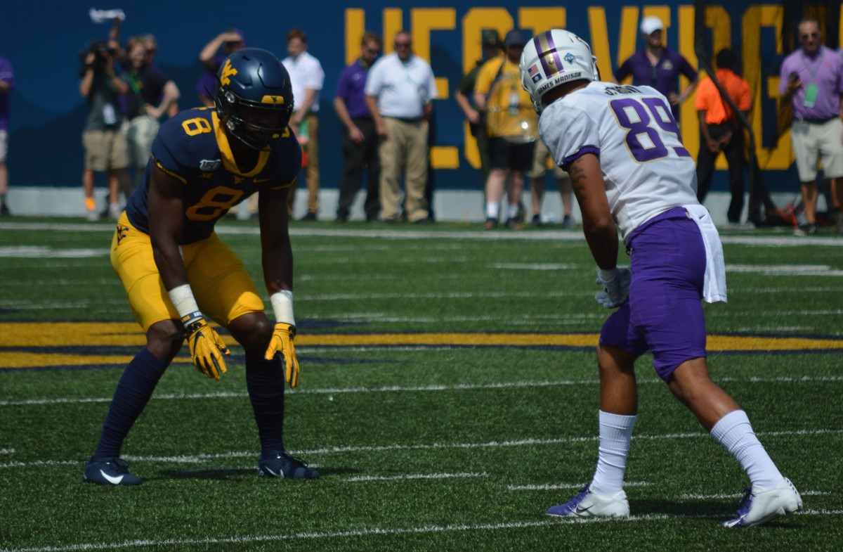 West Virginia defensive back Kwantel Raines lined up in the season home-opener versus James Madison.