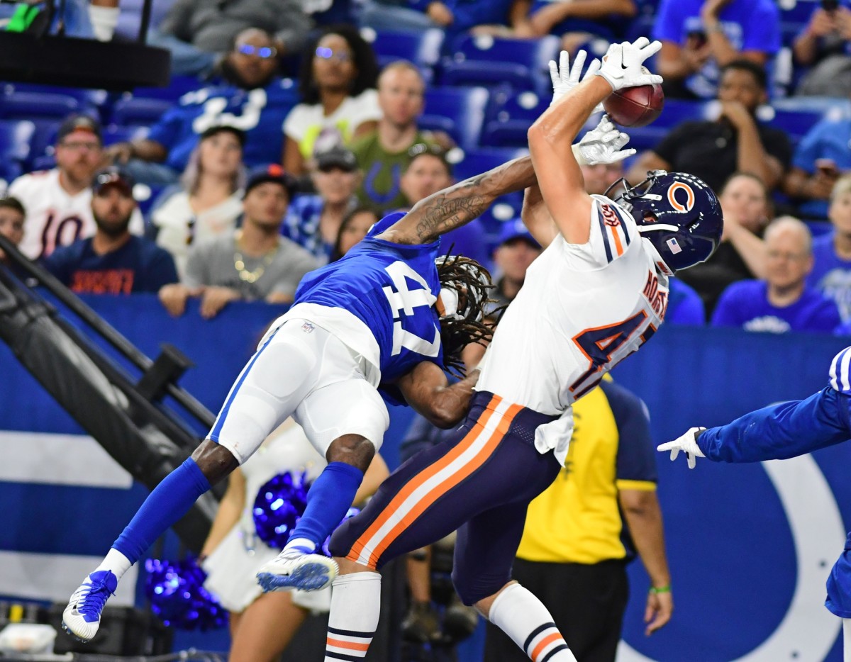 Chicago Bears tight end Jesper Horsted (47) goes up for touchdown reception against Indianapolis Colts corner back Shakial Taylor (47) in the second half against the Indianapolis Colts at Lucas Oil Stadium.