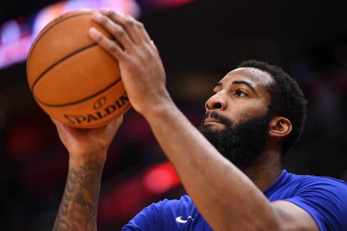 Nov 22, 2019; Detroit, MI, USA; Detroit Pistons center Andre Drummond (0) warms up before the game against the Atlanta Hawks at Little Caesars Arena. Mandatory Credit: Tim Fuller-USA TODAY Sports
