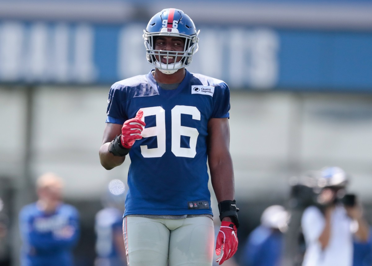 Jul 25, 2019; East Rutherford, NJ, USA; New York Giants outside linebacker Kareem Martin (96) looks on during the first day of training camp at Quest Diagnostics Training Center.