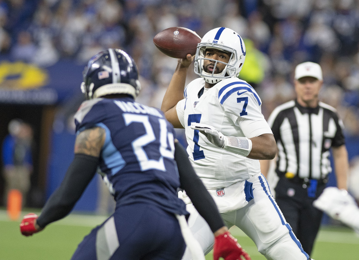 Indianapolis Colts quarterback Jacoby Brissett throws a pass during Sunday's 31-17 home loss to the Tennessee Titans at Lucas Oil Stadium.