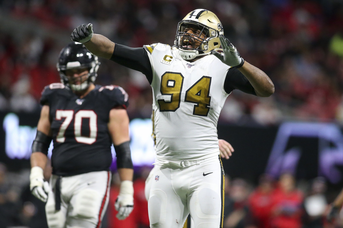 Saints All-Pro DE Cam Jordan celebrates one of his four sacks on Falcons Matt Ryan.