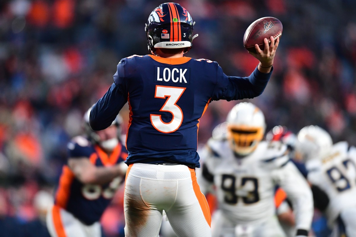 Denver Broncos quarterback Drew Lock (3) passes the ball in the second half against the Los Angeles Chargers at Empower Field at Mile High.