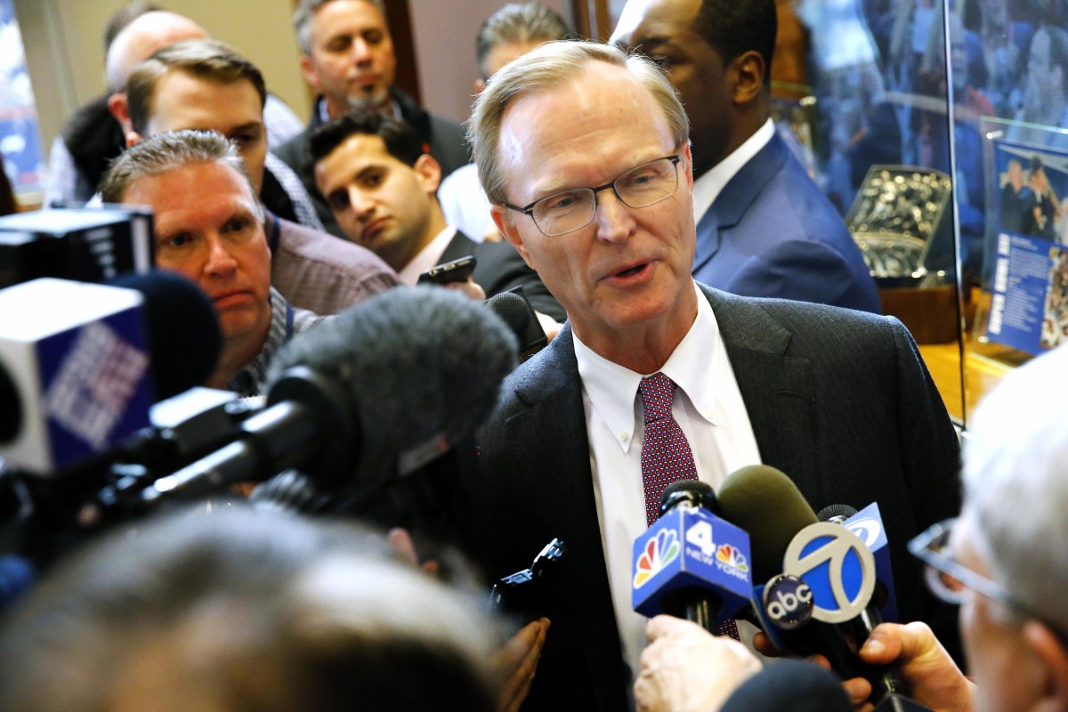 Jan 26, 2018; East Rutherford, NJ, USA; New York Giants owner John Mara answers questions about new head coach Pat Shurmur during press conference at Quest Diagnostics Training Center.