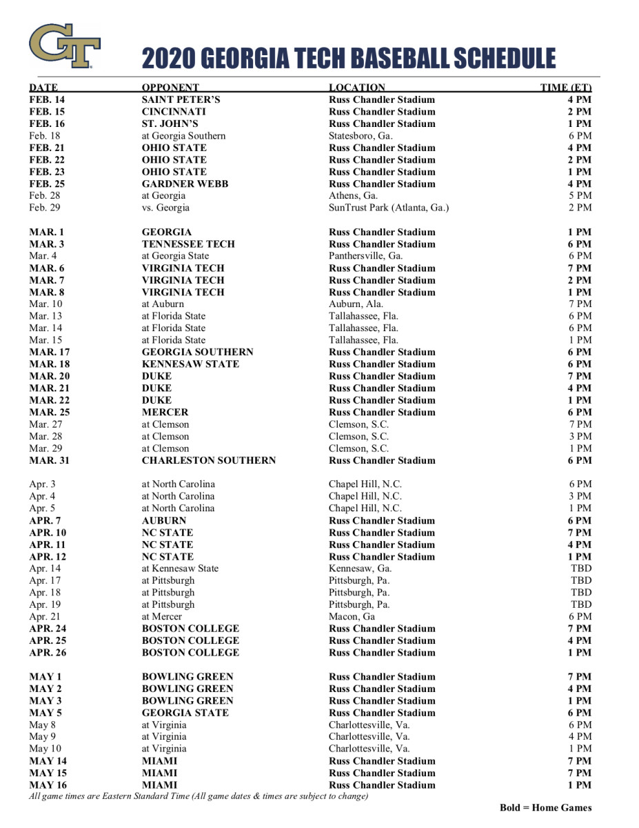 2020 GT Baseball Schedule
