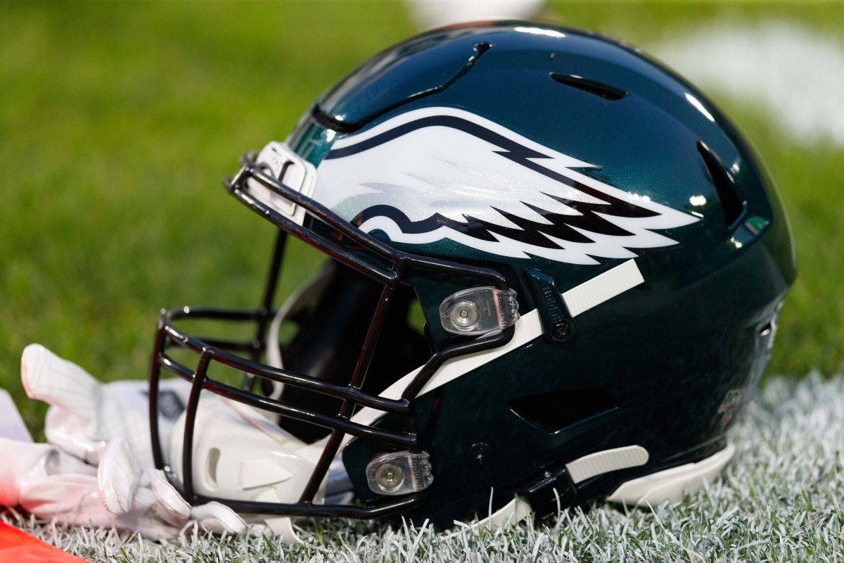 Sep 26, 2019; Green Bay, WI, USA; A Philadelphia Eagles helmet sits on the field during warmups prior to the game against the Green Bay Packers at Lambeau Field.