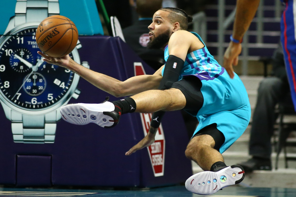 Nov 15, 2019; Charlotte, NC, USA; Charlotte Hornets forward Cody Martin (11) saves a ball from going out of bounds during the second half against the Detroit Pistons at Spectrum Center. Mandatory Credit: Jeremy Brevard-USA TODAY Sports
