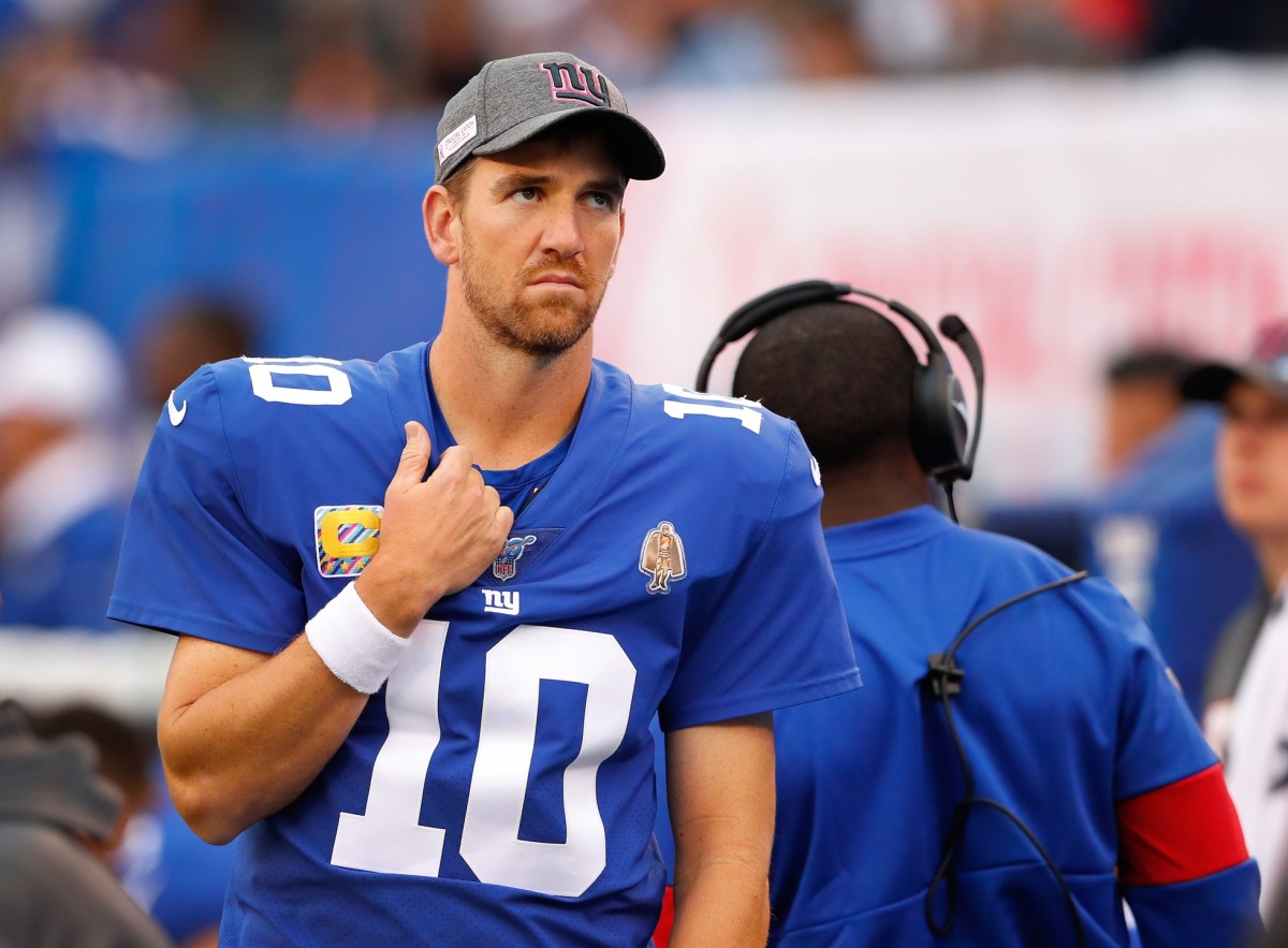 Oct 6, 2019; East Rutherford, NJ, USA; New York Giants quarterback Eli Manning (10) on the sideline during the second half at MetLife Stadium.
