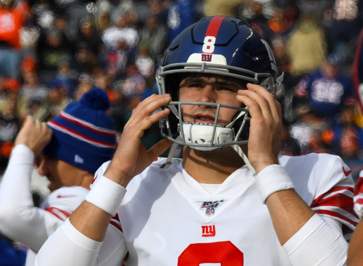Nov 24, 2019; Chicago, IL, USA; New York Giants quarterback Daniel Jones (8) during the second quarter against the Chicago Bears at Soldier Field.