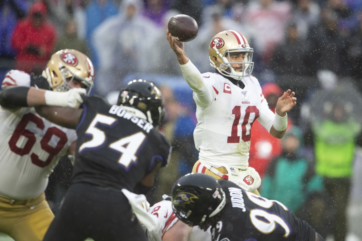 Dec 1, 2019; Baltimore, MD, USA; San Francisco 49ers quarterback Jimmy Garoppolo (10) drops back to pass during the first quarter against the Baltimore Ravens at M&T Bank Stadium. Mandatory Credit: Tommy Gilligan-USA TODAY Sports