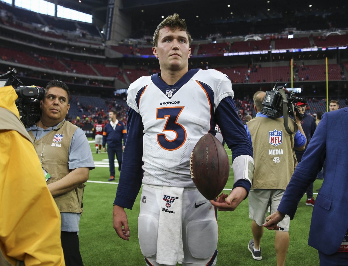 Denver Broncos quarterback Drew Lock (3) walks on the field after the game against the Houston Texans at NRG Stadium.