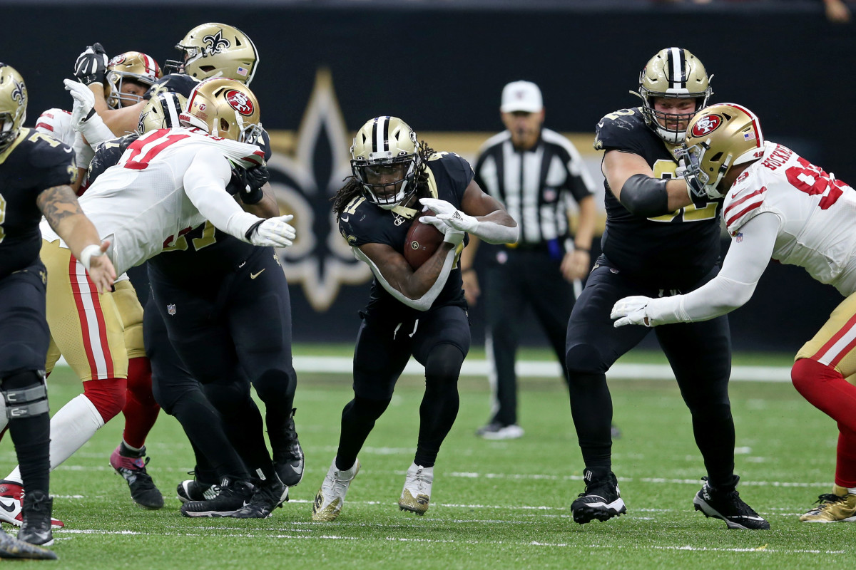 Dec 8, 2019; New Orleans, LA, USA; New Orleans Saints running back Alvin Kamara (41) runs with the ball against the San Francisco 49ers in the second quarter at the Mercedes-Benz Superdome. Mandatory Credit: Chuck Cook-USA TODAY Sports
