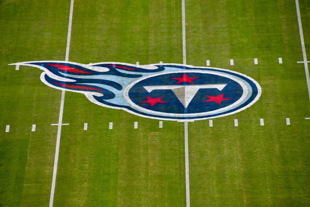 Tennessee Titans logo at mid field prior to the game against the Los Angeles Rams at Nissan Stadium.
