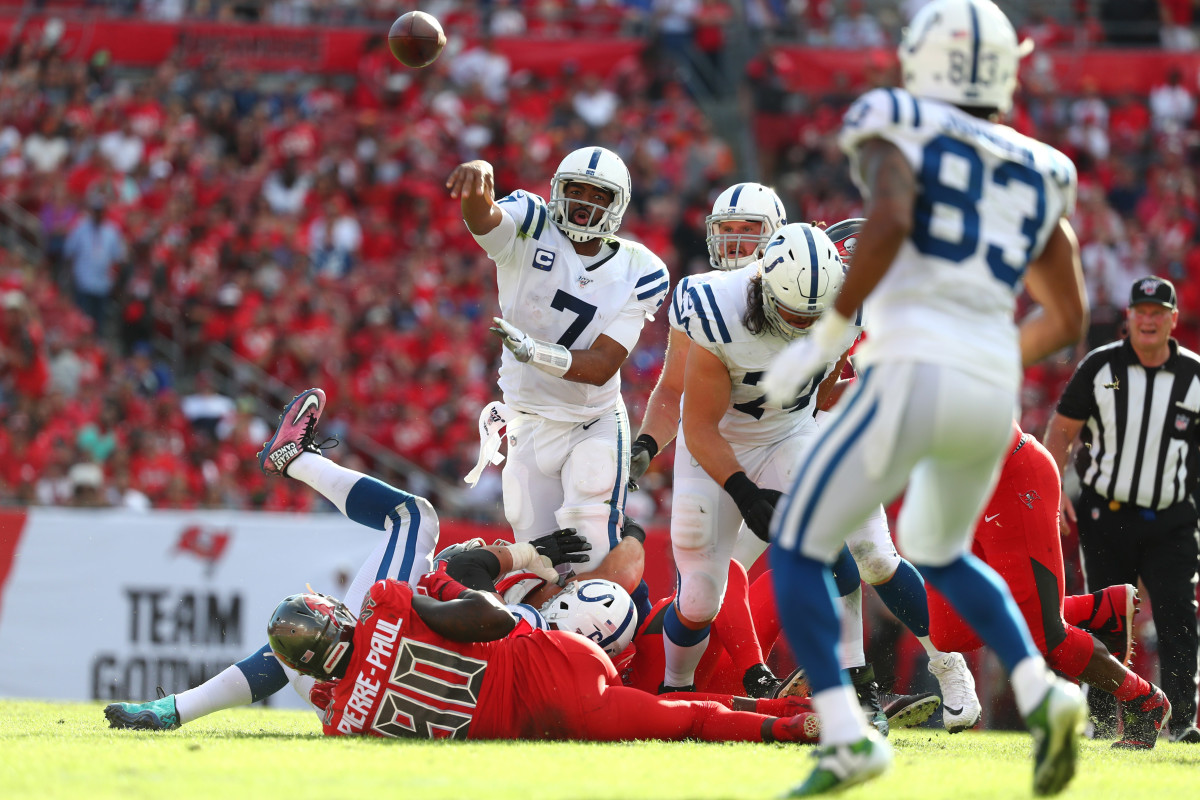 Dec 8, 2019; Tampa, FL, USA;Indianapolis Colts quarterback Jacoby Brissett (7) throws the ball to wide receiver Marcus Johnson (83) against the Tampa Bay Buccaneers during the second half at Raymond James Stadium. Mandatory Credit: Kim Klement-USA TODAY Sports