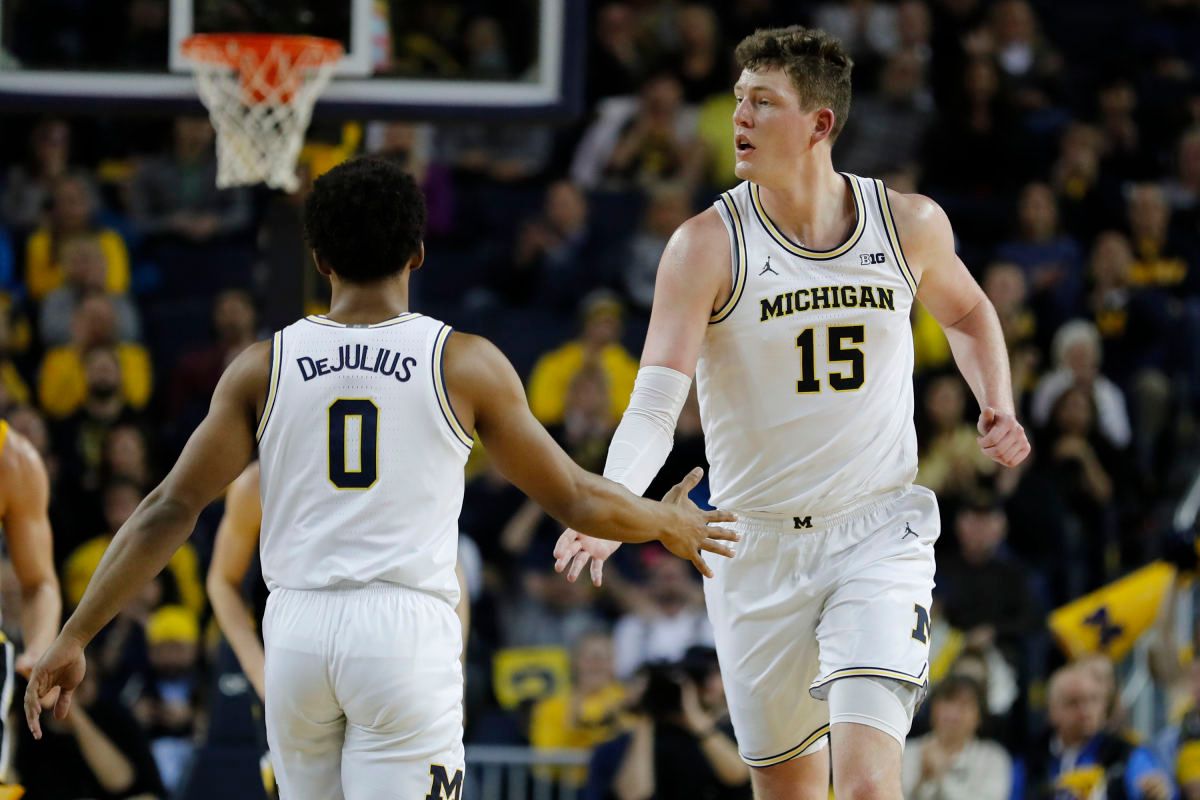 Michigan Wolverines center Jon Teske (15) receives congratulations from guard David DeJulius (0) after scoring in the second half against the Iowa Hawkeyes at Crisler Center.