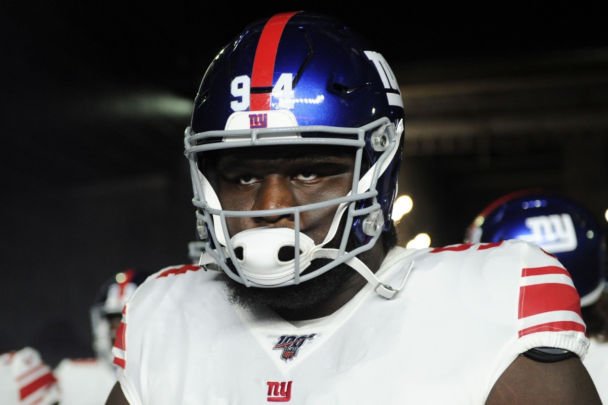 Oct 10, 2019; Foxborough, MA, USA; New York Giants defensive end Dalvin Tomlinson (94) prepares to run onto the field before a game against the New England Patriots at Gillette Stadium.