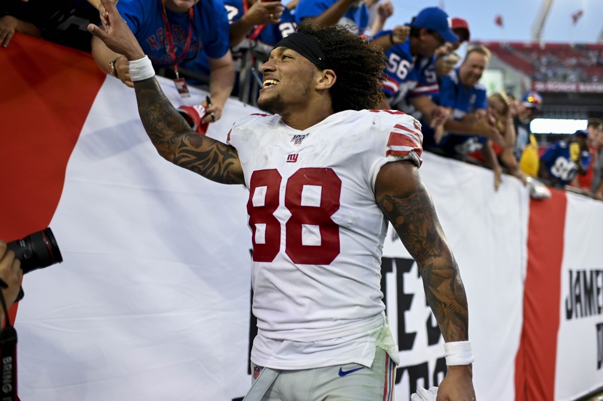 Sep 22, 2019; Tampa, FL, USA; New York Giants tight end Evan Engram (88) reacts after defeating the Tampa Bay Buccaneers at Raymond James Stadium.