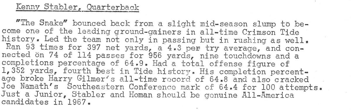 Kenny Stabler's bio in the 1967 Sugar Bowl Press Brochure.
