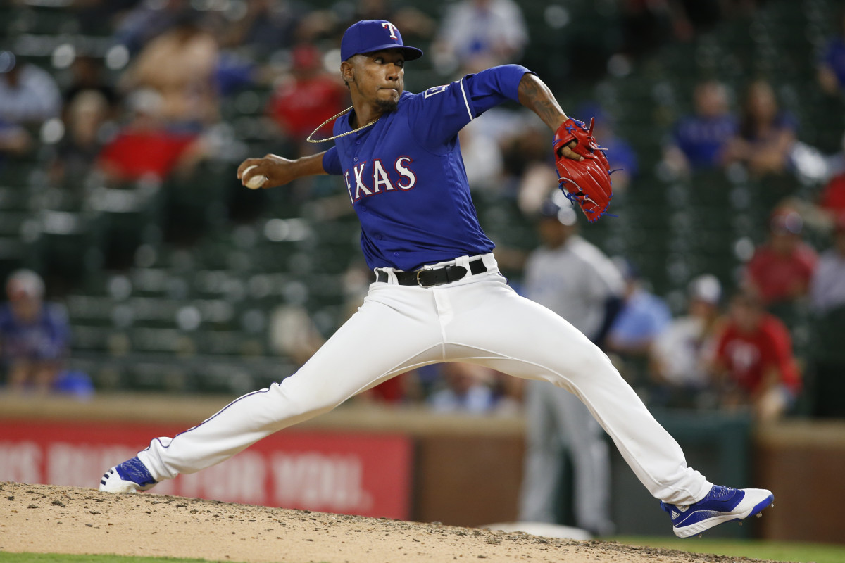 Sep 10, 2019; Arlington, TX, USA; Texas Rangers relief pitcher Emmanuel Clase (43) pitches in the tenth inning against the Tampa Bay Rays at Globe Life Park in Arlington.