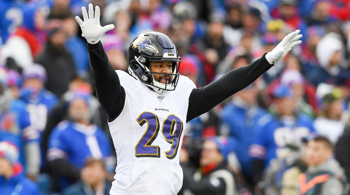 Dec 8, 2019; Orchard Park, NY, USA; Baltimore Ravens free safety Earl Thomas (29) reacts to a defensive play against the Buffalo Bills during the second quarter at New Era Field. Mandatory Credit: Rich Barnes-USA TODAY Sports