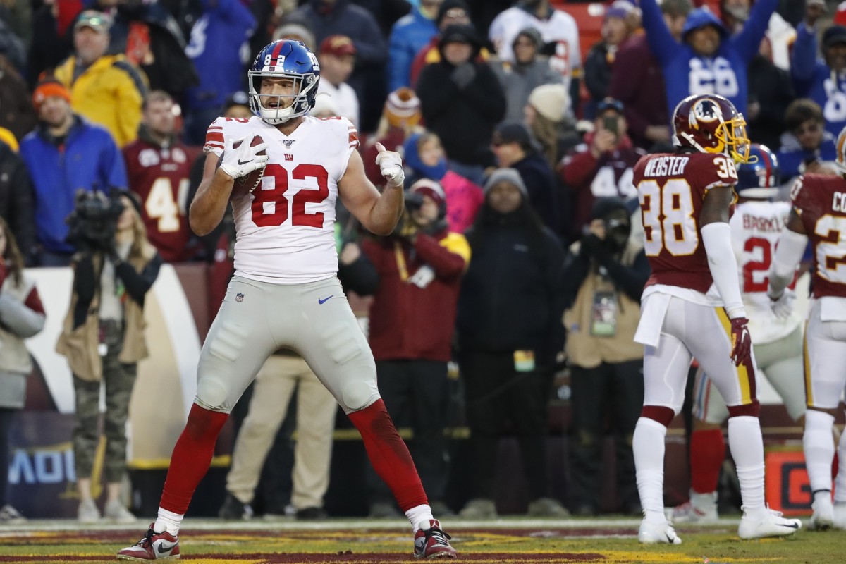 Dec 22, 2019; Landover, Maryland, USA; New York Giants tight end Kaden Smith (82) celebrates after catching the game-winning touchdown in overtime against the Washington Redskins at FedExField.