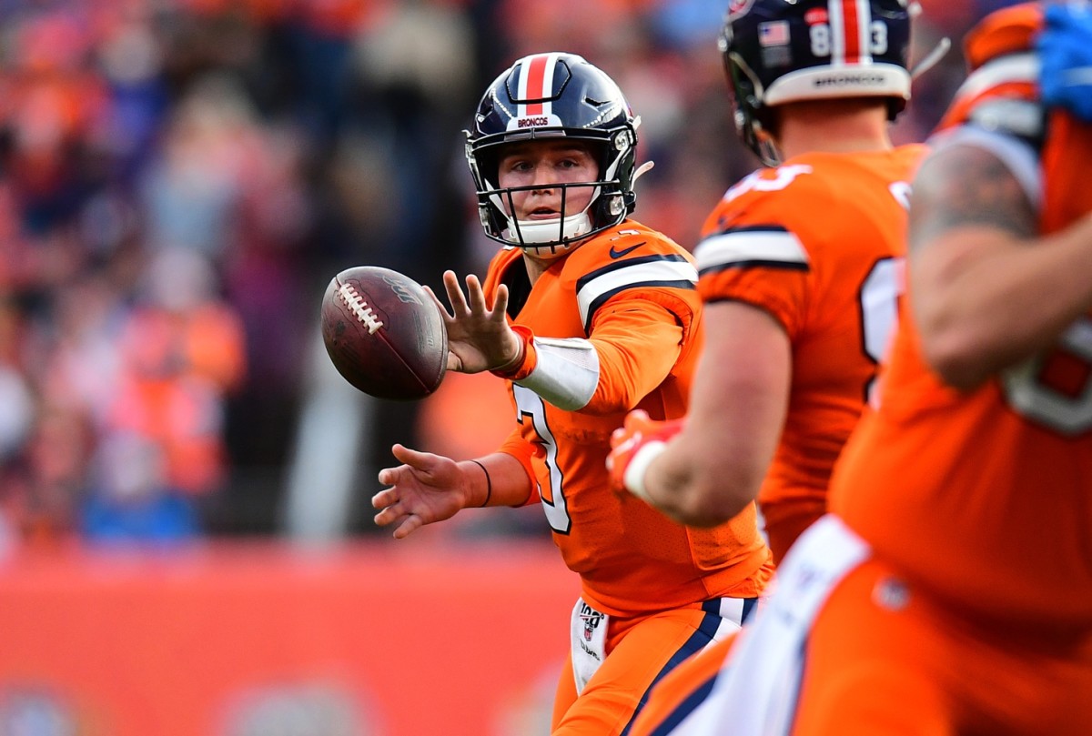 Denver Broncos quarterback Drew Lock (3) passes the ball in the second quarter against the Detroit Lions at Empower Field at Mile High.