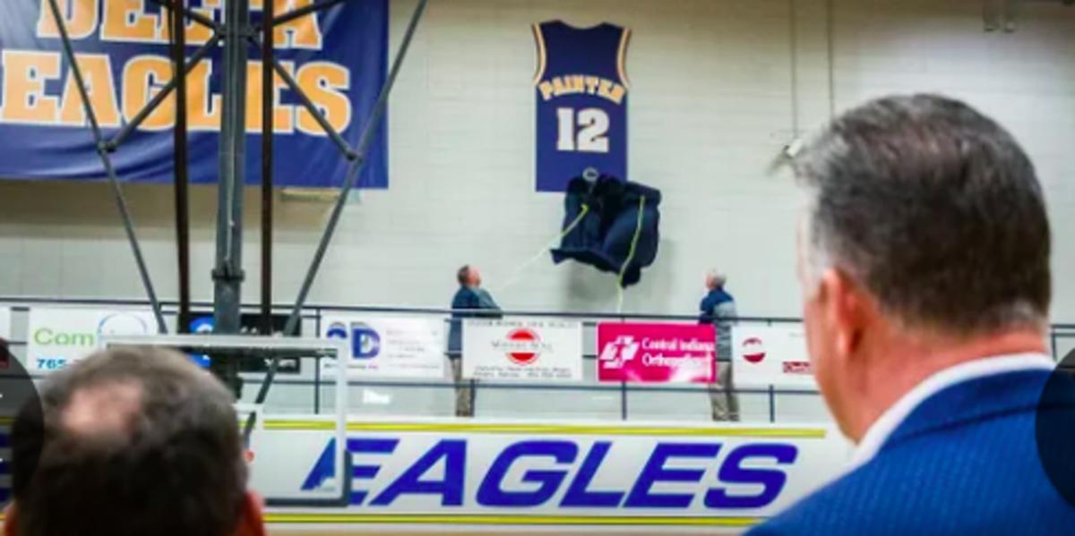 Purdue coach Matt Painter watches his retired jersey number get retired at Delta High School in Muncie on Saturday night. (MANDATORY CREDIT: Jordan Kartholl/Muncie Star Press USA TODAY SPORTS)